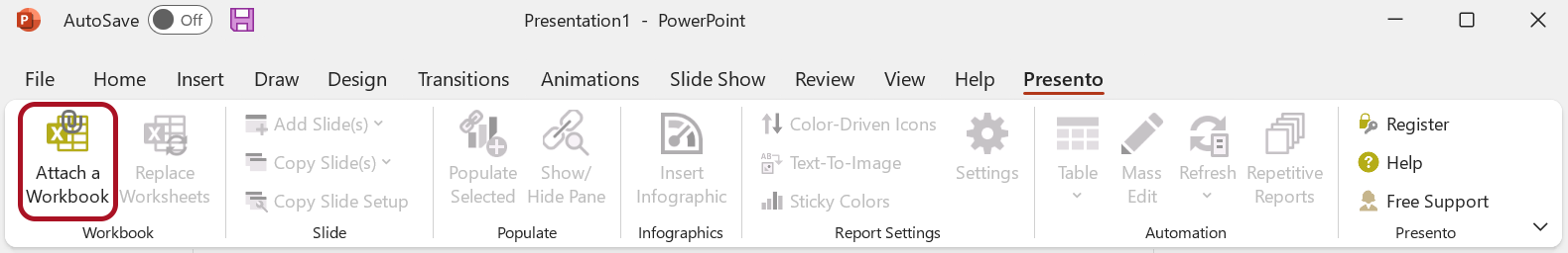 Attch Workbook  in the presento Ribbon Tab